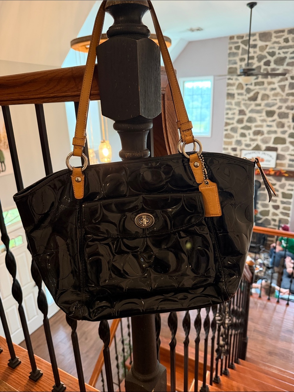 Coach Leah Black Patent Tote with Tan Leather Straps and Turn-Lock Front Pocket